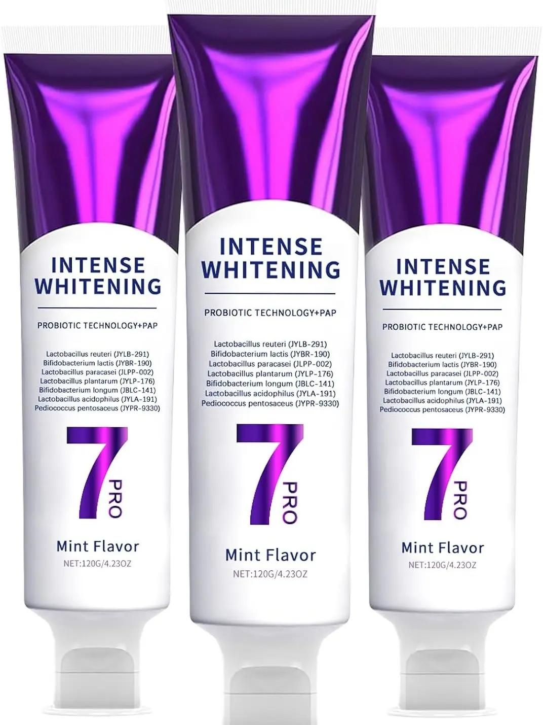 3Pack 7 PRO Toothpaste Whitening, Intense Teeth Whitening Toothpaste for Adults | Fluoride-Free | Sensitivity Safe | Purple Beads | Fresh Breath | Help Remove Tea & Coffee Stains | Mint Flavor
