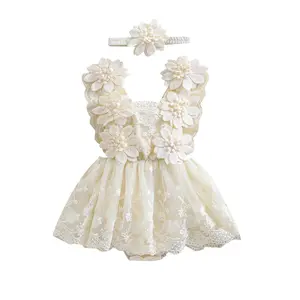 Baby Girl Summer Outfit, Flower Embroidery Tie-Up Mesh Romper Dress Bow Headband 2 Piece Set