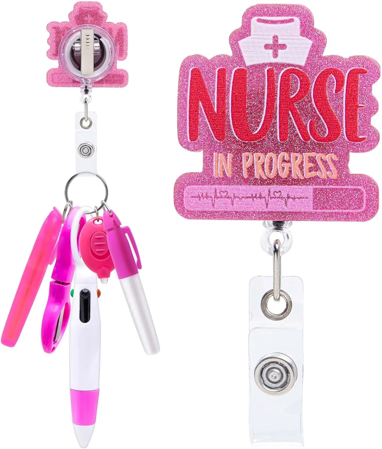 6 count Nurse Pen Set -  Badge Reel Permanent Marker Ballpoint Pen Mini Highlighter Foldable Badge  LED Flashlight  Nurse Badge Reel Accessories for Work Students ()