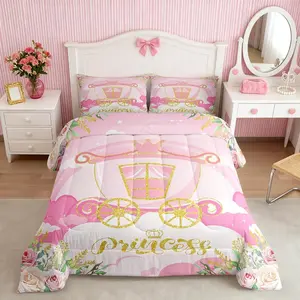 Girls Princess Carriage Bedding Set for Kids Toddler Women,Garden Princess Style Comforter Set,Reversible Bed Set,Pink Fairy Tales Quilt Set,Dreamy Girly Duvet Insert