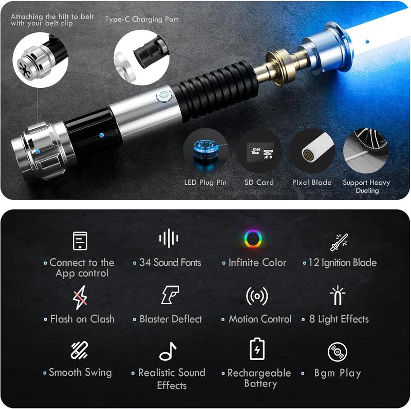 Obi-Wan Lightsaber with 16 Sound Effects RGB Lighting Modes Metal Hilt Rechargeable for Role-Playing Family Entertainment Orange Duel Cosplay Sword Epic Toys Medieval Collectible 92cm PC Blade High Impact