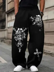 Men's Gothic Cross Graphic Pants, Wide Leg Loose Fit, Dark Avant Garde Streetwear Aesthetic Style, Casual All Seasons Fashion