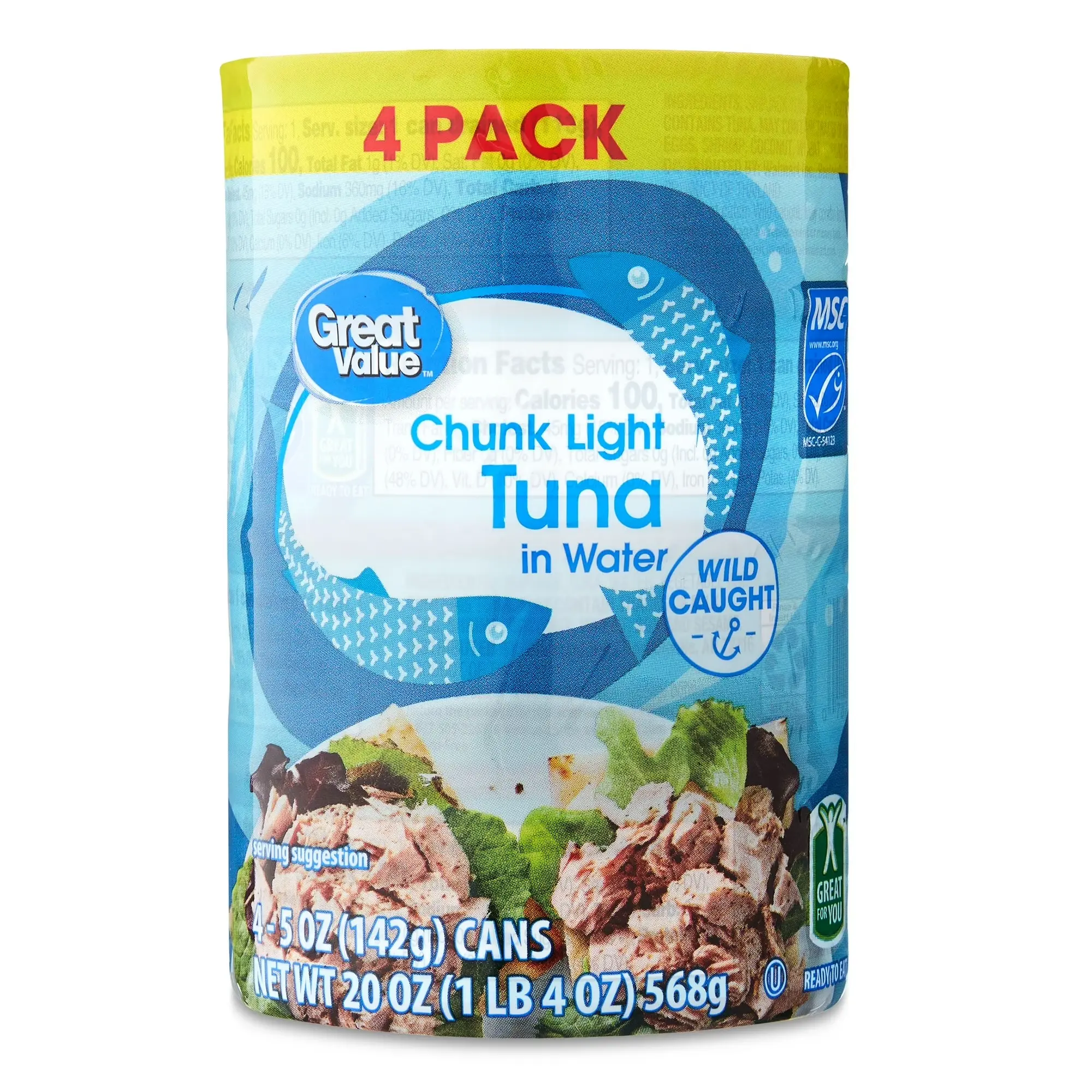 Great Value Chunk Light Tuna in Water, 5 oz Cans, 4 Pack – Wild Caught Skipjack Tuna