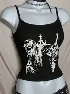 Women's Gothic Thin-strap Top, Y2K E-girl Punk Aesthetic Street Slim-fit Cropped Cami, Dark Academia Gothic Graphic Tank for Daily & Party Looks