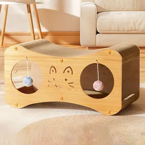 Interactive Cat Scraching Cardboard, with 2 playful pompoms, Cat Scratcher Cardboard, Cat House & Bed, Cat Scratching Tunnel, for Indoor Cats up to 25lbs toys, Wood, Kitten, Cat Toy, Sofa Saver, Pet Furniture