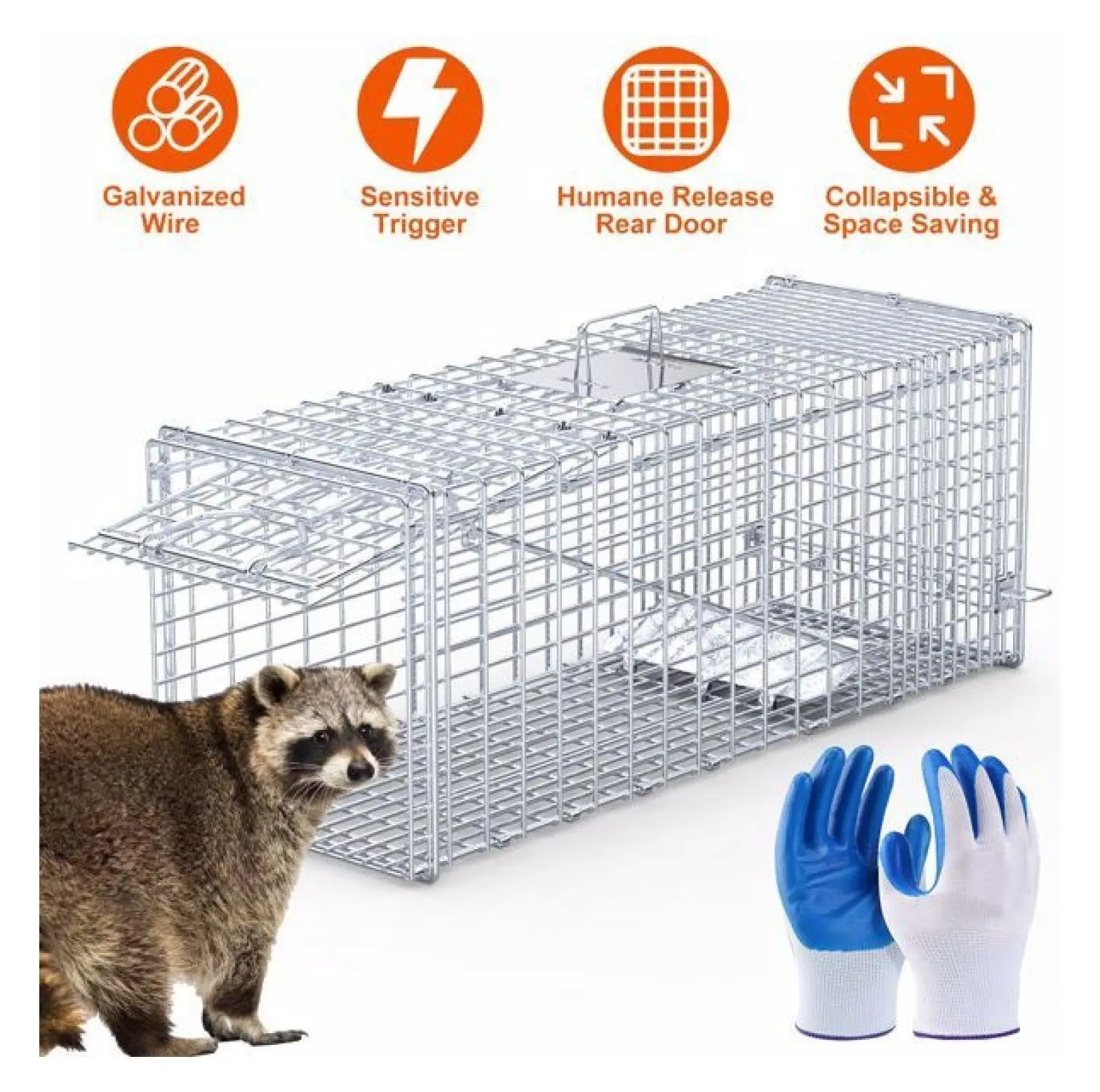 Live Animal Trap 37x14x15 Inch - Humane Galvanized Steel Cage for Raccoon, Skunk & Small Dog Control; Rear Release & Guarded Handle default title