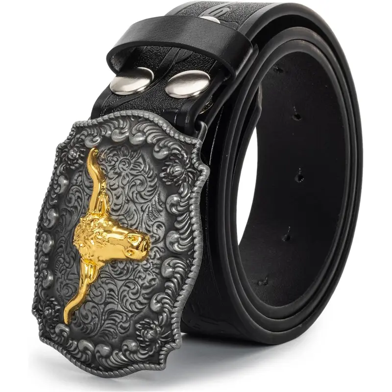 Western Leather Belt with Large Gold Bull Buckle for Jeans Western Leather Buckle Belt for Men Women Floral Engraved  main image 2