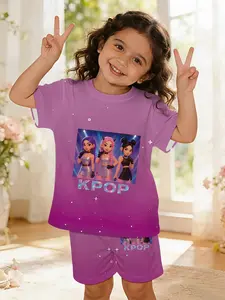 Girls' K-Pop Idol Print Two-Piece Set, Short Sleeve T-Shirt + Shorts, Shiny Style, Casual Loose-Fit for All Seasons