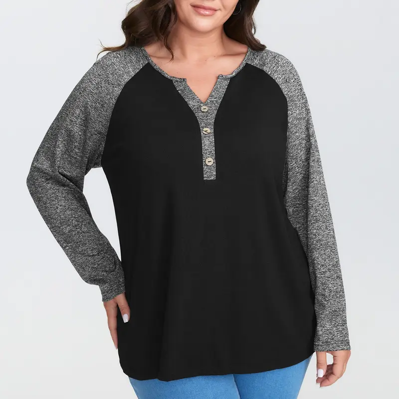 BLOOMCHIC Plus Size Women's Collared Neck Polyester Stretchy Blouse T-Shirt - Flat Collar, Heather Patchwork, Button Accents, Extra-Long Sleeves, Casual Fit [M-6X] - Casual Classy Top, Women's Clothes 2026 Summer Pick,Summerfinds,Summeroutfits,Back To Sch