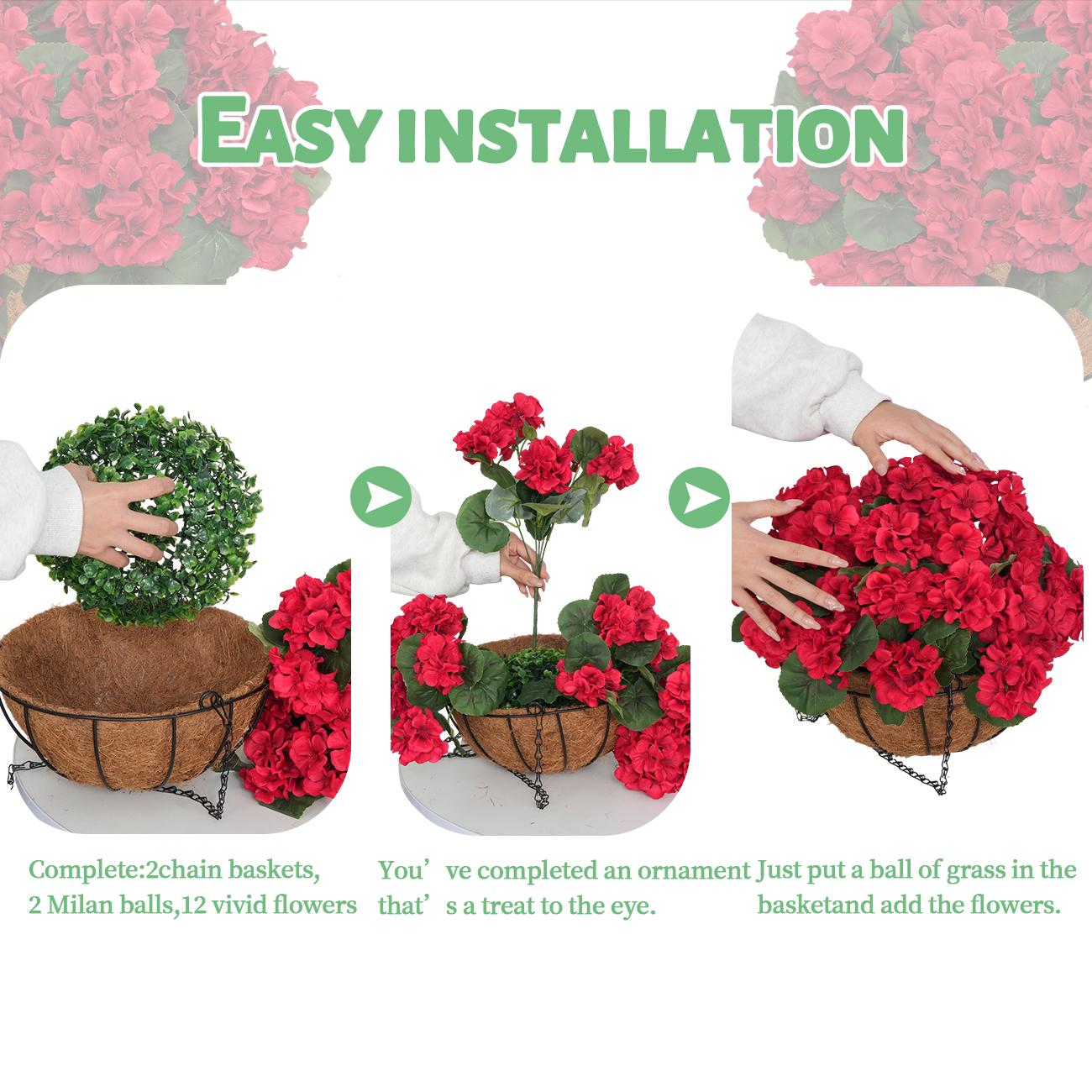 2pcs Artificial Geraniums with Hanging Baskets, 12 Bundles UV Resistant Artificial Outdoor Plants, Fake Red Flowers for Spring Front Porch Home Patio Balcony Yard Decor