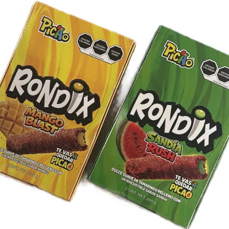 Rondix soft tamarin candy filled with mango or watermelon tamarind. Mango Blast or Sandia Rush . 12 pieces per box. Cont. net. 240 grams