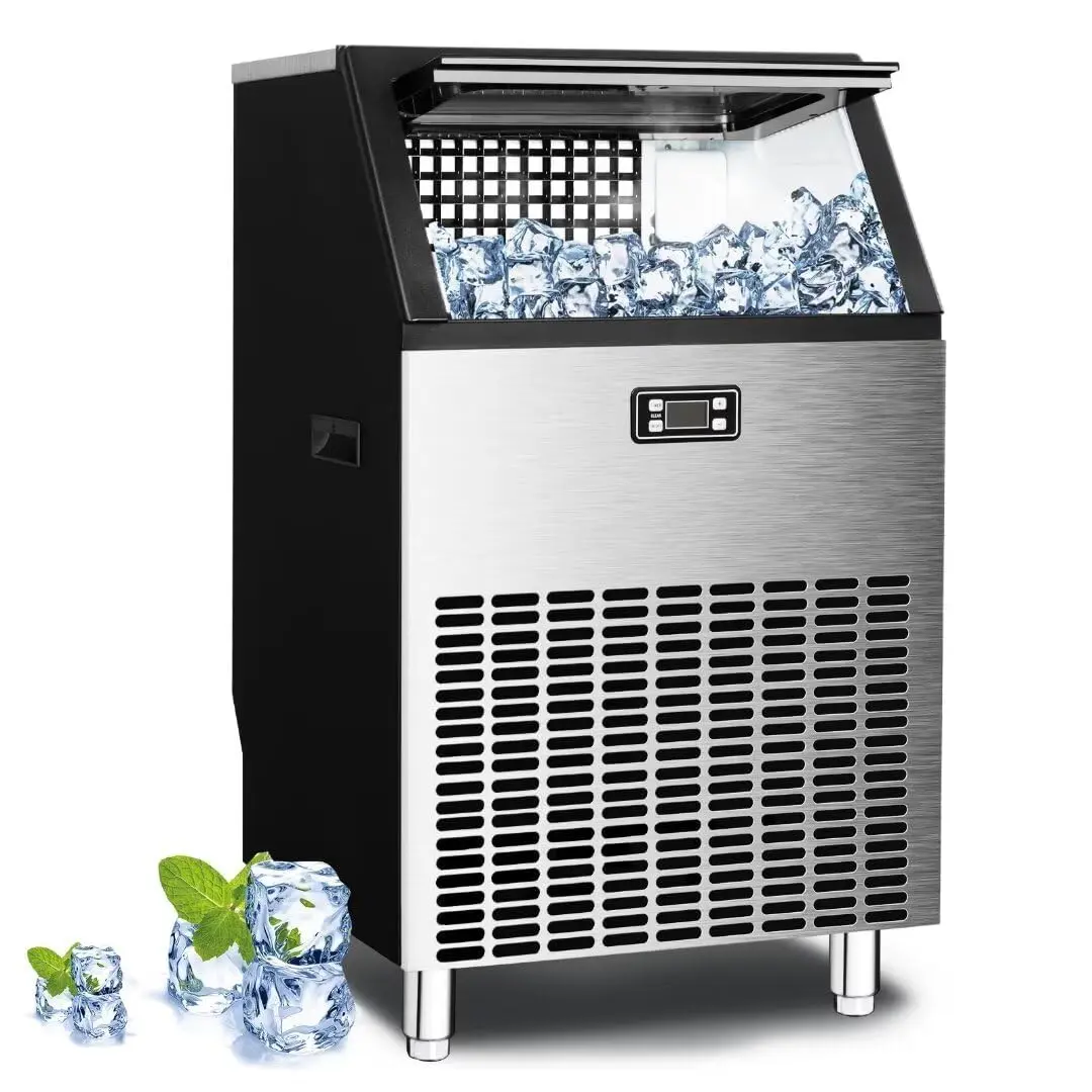 Kismile Commercial Freestanding Crescent Ice Machine Maker - 100/120/200/265lbs 24h Production, 30lbs Storage Bin, Heavy-Duty Stainless Steel, Countertop-Compatible for Home Bar, Coffee Shop