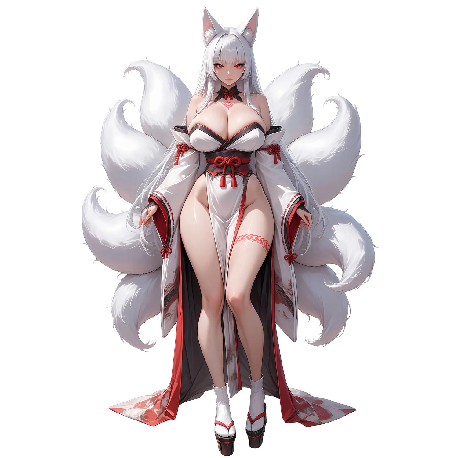 White Nine-Tailed Fox Maiden Vinyl Decal, Elegant Fantasy Character with Flowing White Tails and Red Accents, for Laptop Bottle Notebook Car Window Decor