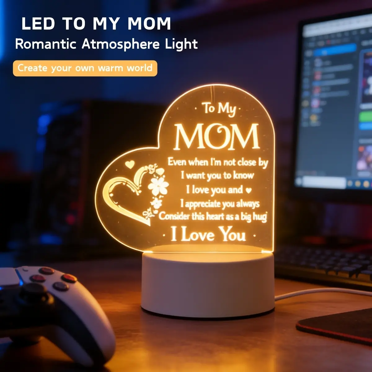 Engraved Night Light, Customizable LED Lamp, LED Atmosphere Lights, Decorative Atmosphere Lamp, Led Decoration Lamp, Perfect Gift for Mom from Daughter or Son, Ideal Birthday, Christmas & Mother’s Day Present
