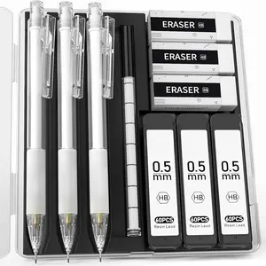 Cute Mechanical Pencil Set with Case - 3 count Pencils 0.5mm with 180 count HB Lead Refills, 3 count Erasers, 9 count Eraser Refills, White Clear Mechanical Pencil for Students Drawing, Writing