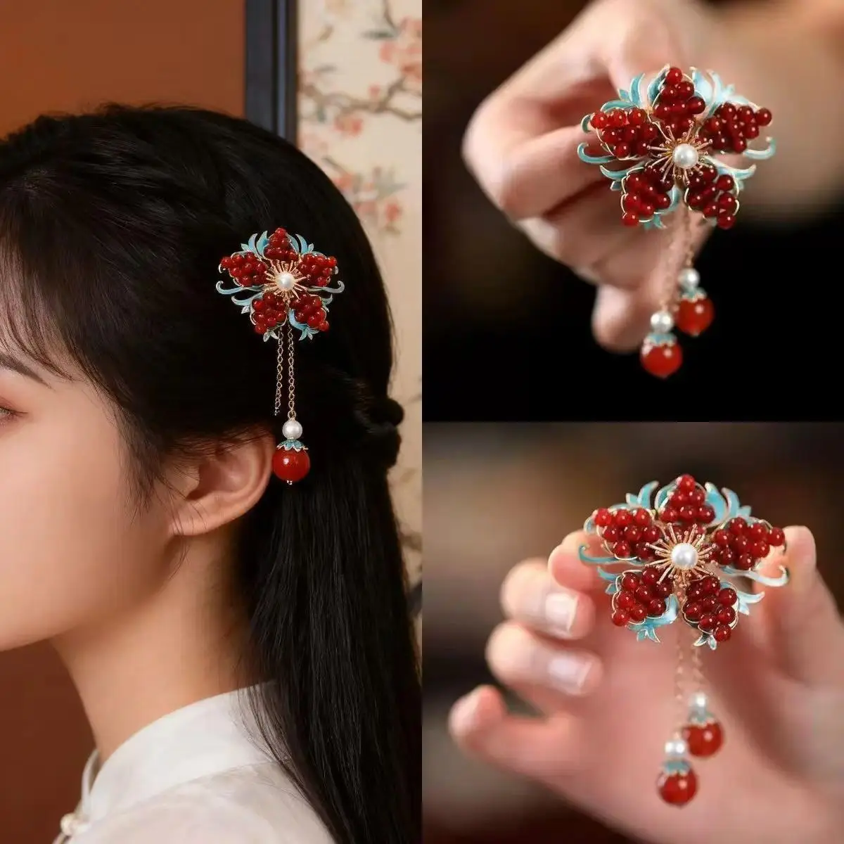 New Chinese-Style Retro Flower Tassel Hairpin for Women, Side Clip, Ancient Style Hanfu Hair Accessory, Red Beaded Headpiece, Ve