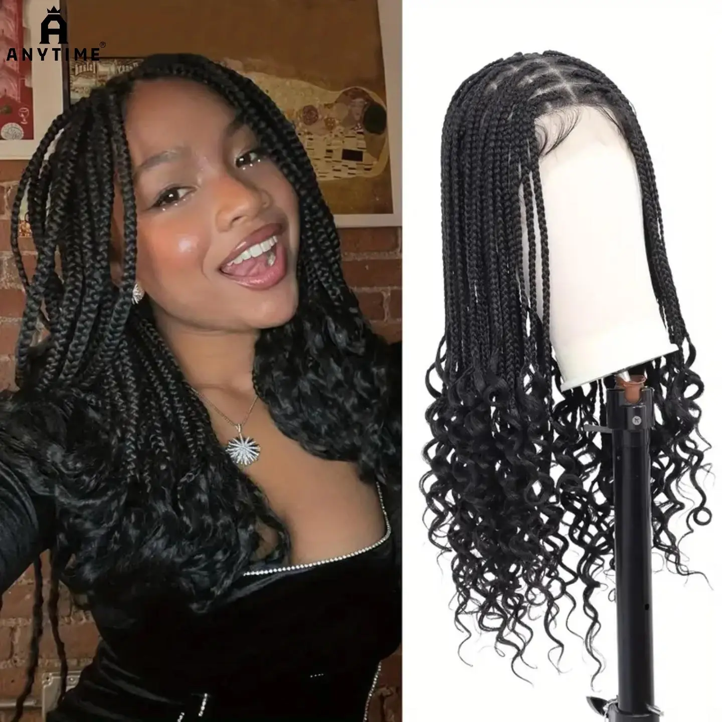 Handcrafted lace front braided wig for women — mid-length with curly ends; breathable and comfortable; perfect for daily wear; short to medium length; lace front; hand-woven; hair tie; long; breathable