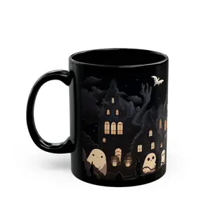 BNB Kawaii Goth Ghosts Coffee Mug 11oz/15oz Black Ceramic Tea Cup with Spooky Design Dishwasher & Microwave Safe Perfect for Halloween & Fall Aesthetic Gifts