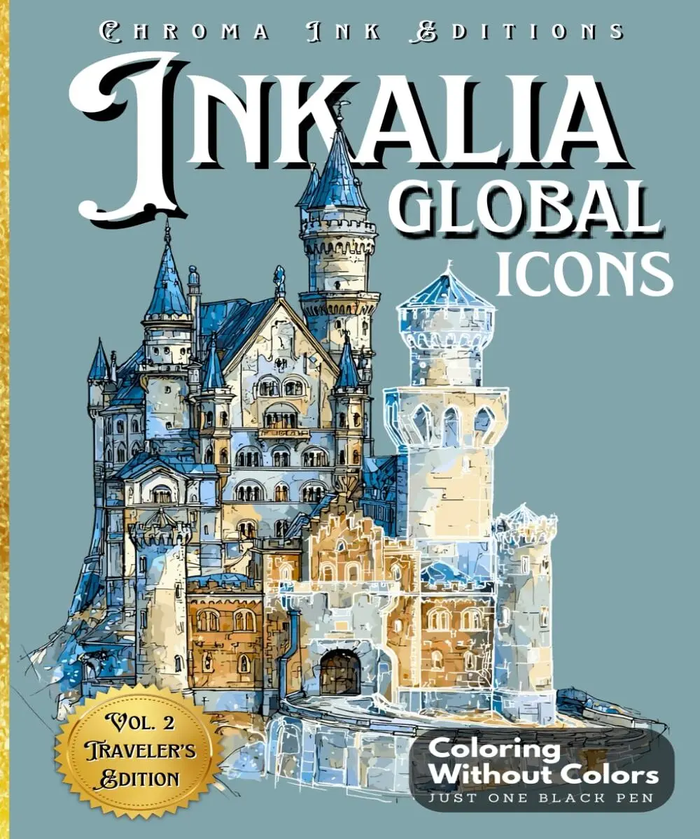 Inkalia Global Icons Reverse Ink Tracing Activity Book for Adults - 37 World Landmarks (Including Eiffel Tower), 1 Black Pen, Travel-Sized, No Color Needed, Boosts Mindful Creativity, Relaxation & Learning Fun, Elegant