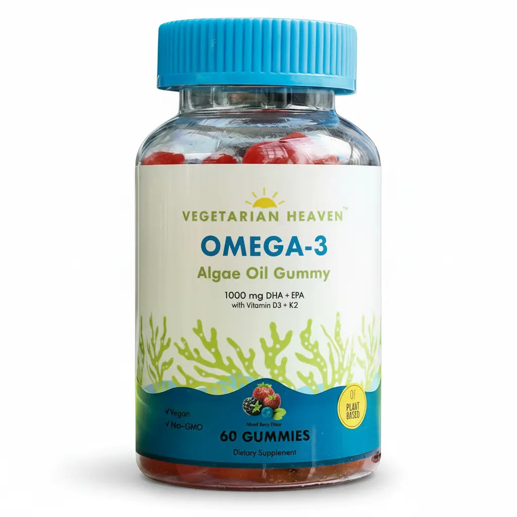 Vegetarian Heaven Vegan Omega-3 Gummies 1000mg, Algae Oil, DHA + EPA, 60 ct + D3 & K2