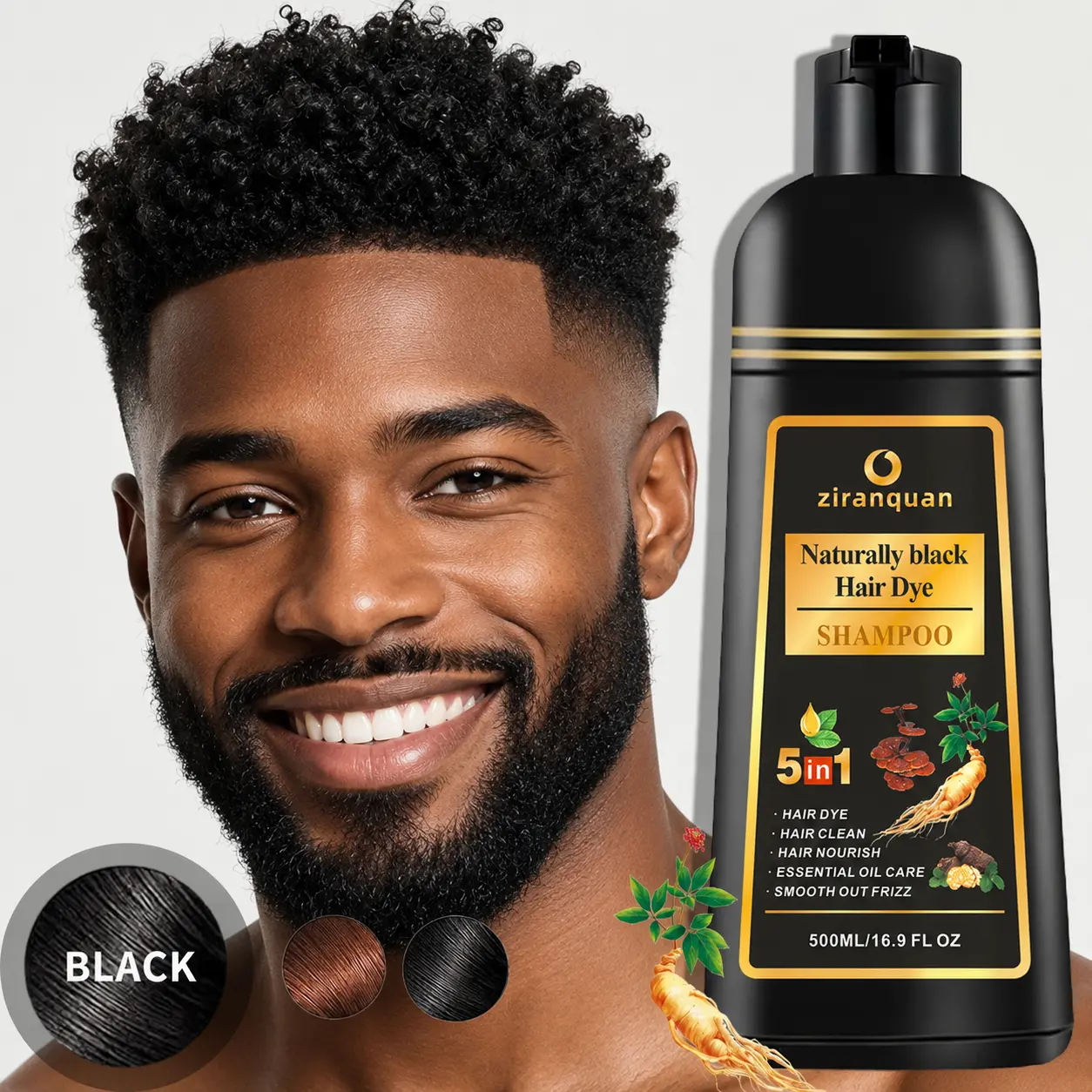 Premium Natural Black Hair & Beard Color Shampoo with Organic Ginseng & Ginger Root Extract, 5-in-1 Instant Gray Coverage Formula for Men & Women, Sulfate-Free & Ammonia-Free Herbal Dye, Restores Shine & Strength, Long-Lasting Salon Results 16.9oz