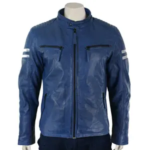 Mens Cafe Racer Blue biker jacket Leather Motorcycle Jackets