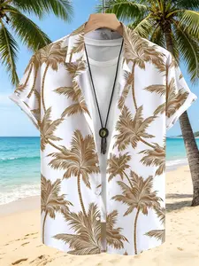 Men's Palm Tree Print Tropical Hawaiian Shirt, Casual Short Sleeve Button-Down, Breathable Summer Beach Top #HawaiianShirt #PalmTreePrint #BeachwearForMen #VacationShirt #TikTokMadeMeBuyIt