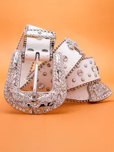 Unisex Punk Style Rhinestone Decorated Studded Belt Buckle, Y2k Sparkling Western Belt with Cross Design for Women & Men, Casual Waistband for Party & Daily