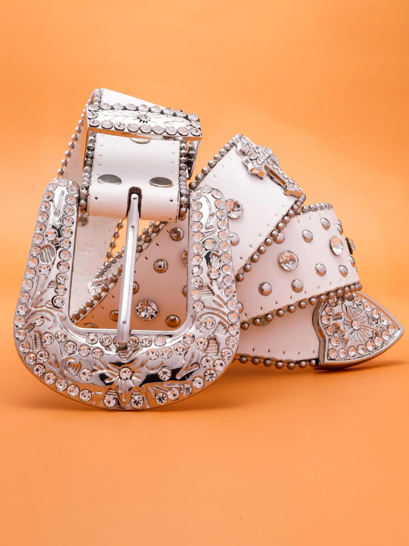 Unisex Punk Style Rhinestone Decorated Studded Belt Buckle, Y2k Western Belt with Cross Design for Women & Men, Casual Waistband for Party & Daily