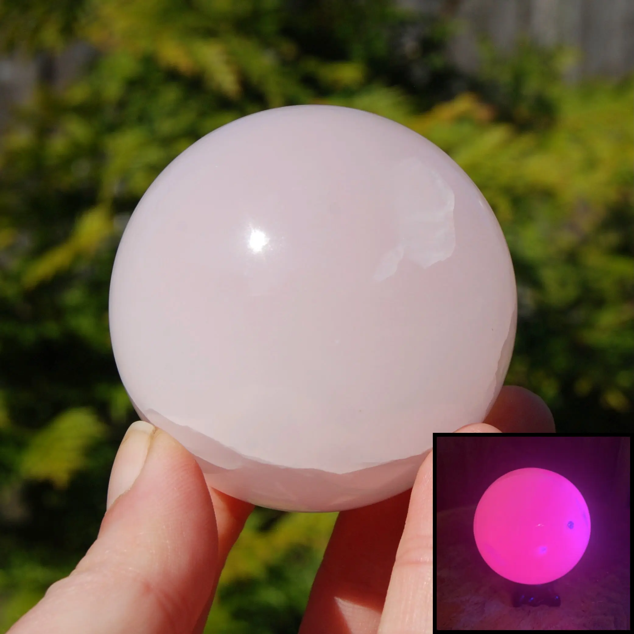 58mm Pink Mangano Calcite Crystal Sphere, Reiki Stone, Fluorescent UV Reactive