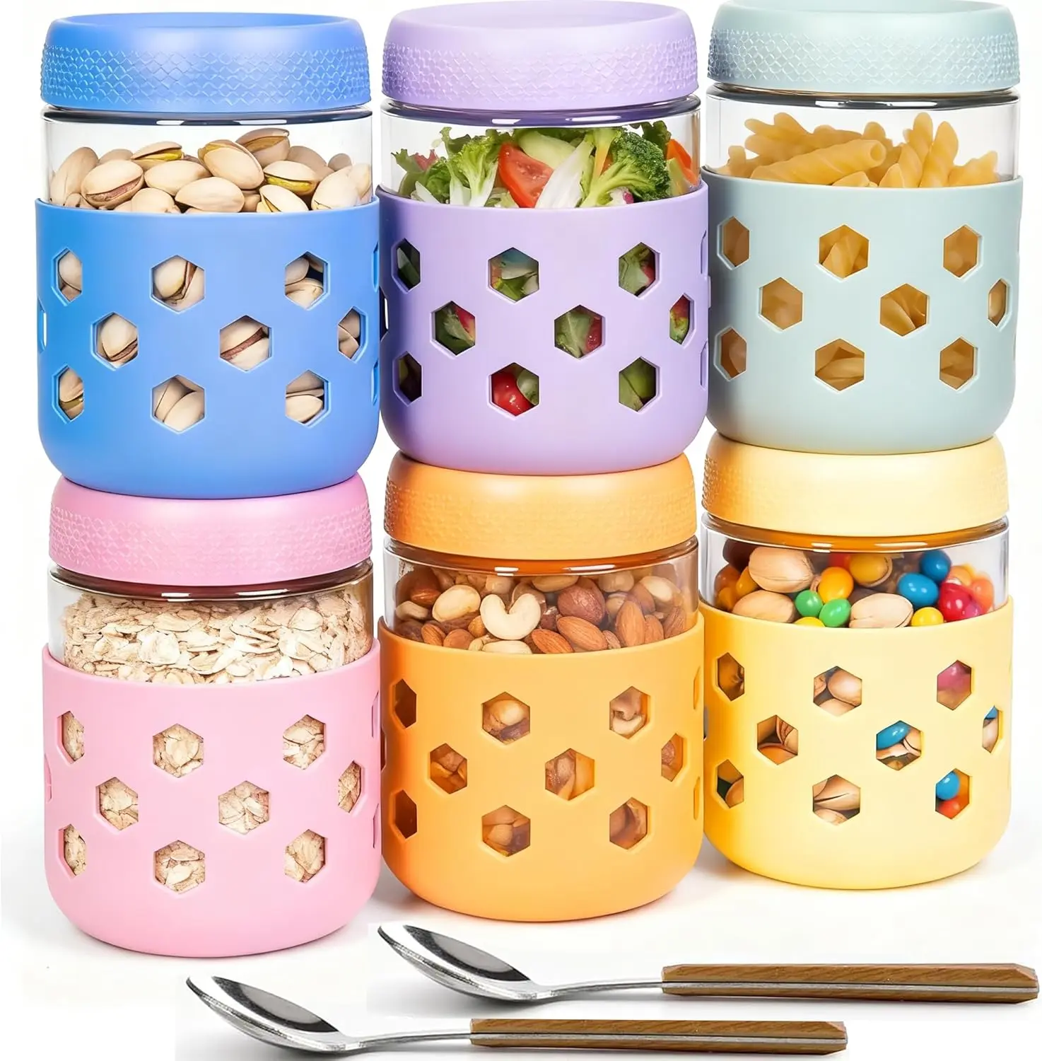 6-Piece Anti-Leak Leak-Proof Glass-Silicon Airtight Jars (16 oz) with Lids & Sleeves - Wide Mouth Kitchen Preserving Containers, Easy Filling & Serving, Maintains Freshness, Dishwasher Safe for Meal Prep, Overnight Oats