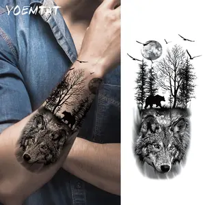 Waterproof Temporary Tattoo Stickers, Forest Moon Wolf Bear Bird Body Paint, Arm Fake Tattoos Sleeves, Unisex Adults