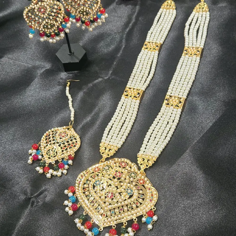Jadau Traditional Indian Ranihaar 4 Piece Set with Colorful Beads Necklace Choker Mala Earrings Maang Tikka Handcrafted Jewelry Set