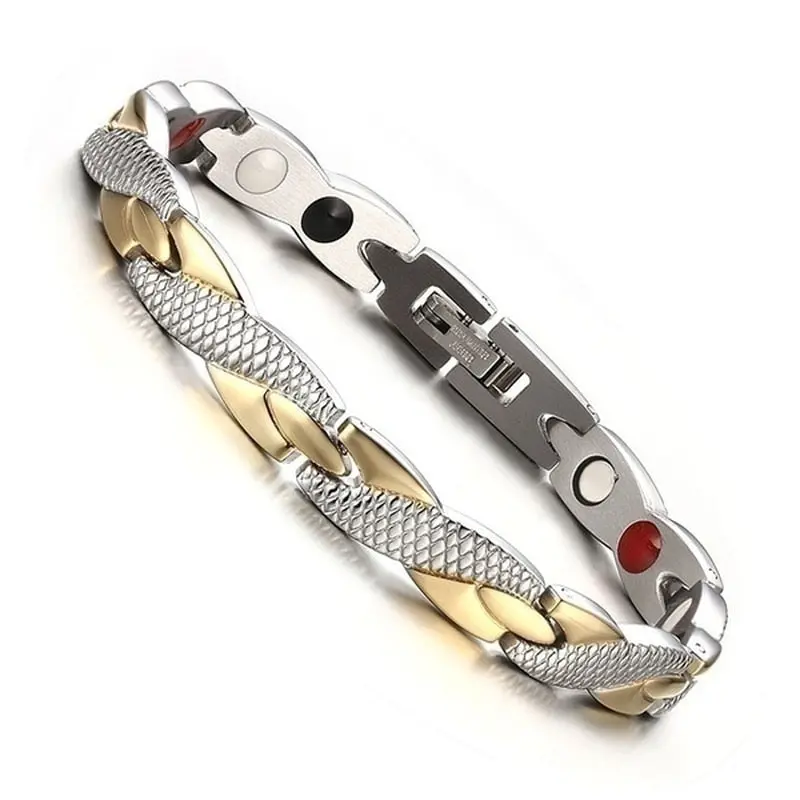 Sporty Metal Round Link Chain Magnets Slimming Bangle Bracelets for Casual Wear, Lace-Up Clasp