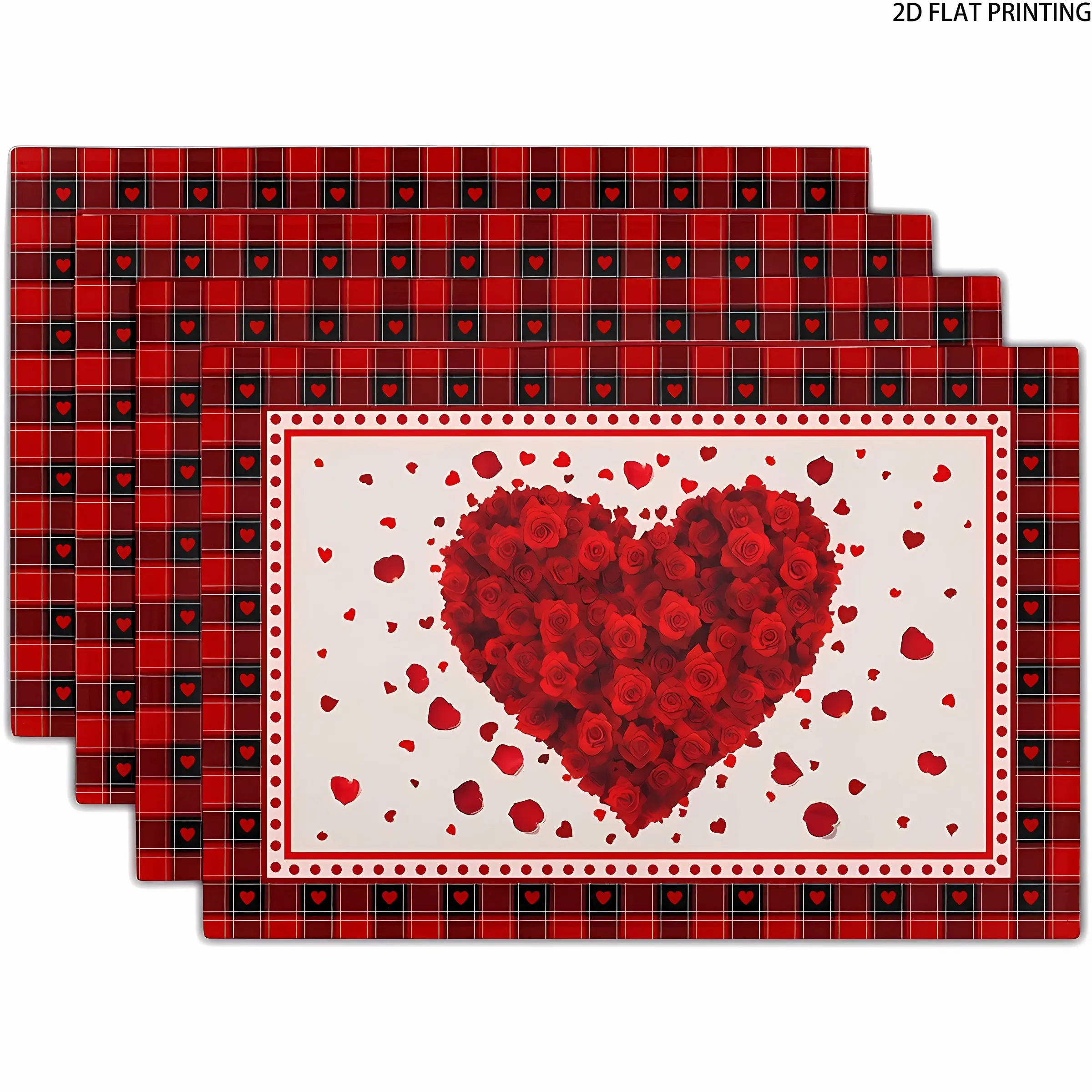 2D flat printing, 2-piece/4-piece/6-piece/8-piece set, Valentine's Day placemat 12x18 inch heart-shaped rose placemat, red and black cowhide checkered anti slip heat-resistant placemat, used for kitchen, dining room, holiday, wedding anniversary decoratio