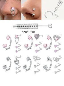 316L Stainless Steel 18G/20G Horseshoe Nose Rings With Double Heart CZ, L-Shaped Nose Studs, Assorted Nose Rings For Women & Girls, Nose Piercing Jewelry