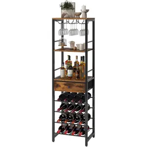 Wine Rack Freestanding Floor, Bar Cabinet for Liquor and Glasses,4-Tier Wood Coffee Bar Cabinet,Glass Holder and Storage Drawer for Home Bar Kitchen Living Room,Rustic Brown UTMJ905H