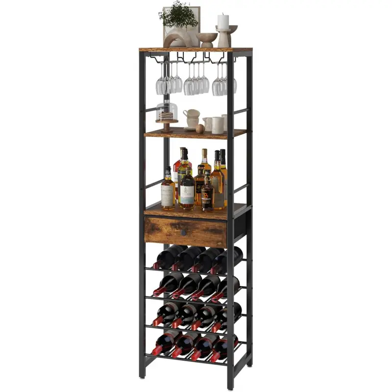 Wine Rack Freestanding Floor, Bar Cabinet for Liquor and Glasses,4-Tier Wood Coffee Bar Cabinet,Glass Holder and Storage Drawer for Home Bar Kitchen Living Room,Rustic Brown UTMJ905H