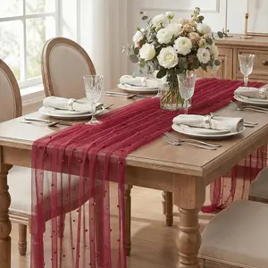 Elegant Wine Pearl Mesh Fabric Table Runner, Romantic Sheer for Wedding Arches and Parties, Festive Holiday Decoration