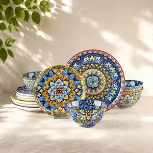 12/24-Piece Ceramic Dinnerware Set – Colorful Hand-Painted Plates & Bowls for 4 or 8 People – Microwave, Dishwasher & Oven Safe, Stackable, Vibrant Mediterranean Style Tableware