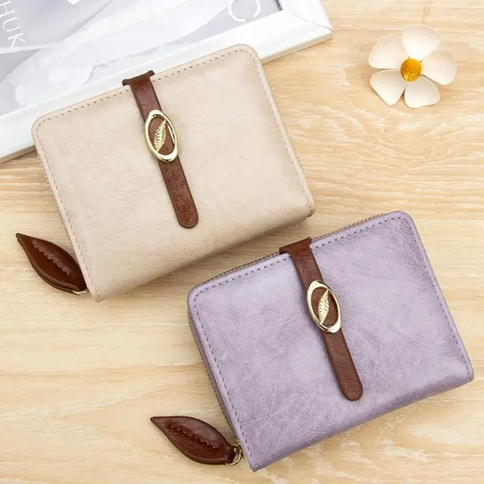 W11-2-Fold Wallet for Women, Leaf Gold Metal Buckle Zipper Coin Purse, Mini Portable Card Holder