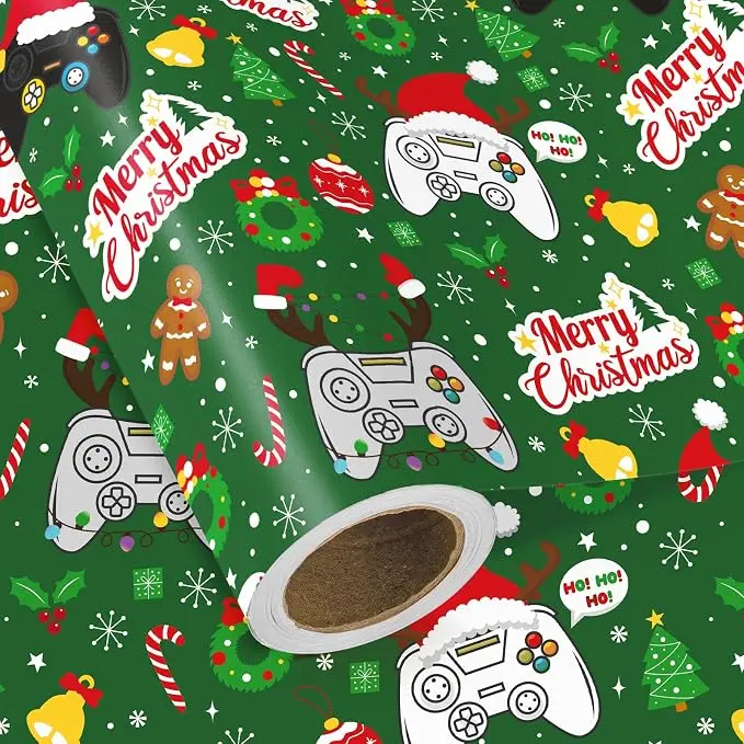 WRAPAHOLIC Gaming Christmas Wrapping Paper Santa Hat Video Game Controller, Cute Cat, Santa, Unicorn, Gaming, Vintage Toile & Animal Designs For Boys, Teens, Game Lover, Xmas Celebration,Mini Roll  17 Inch x 16.5 Feet