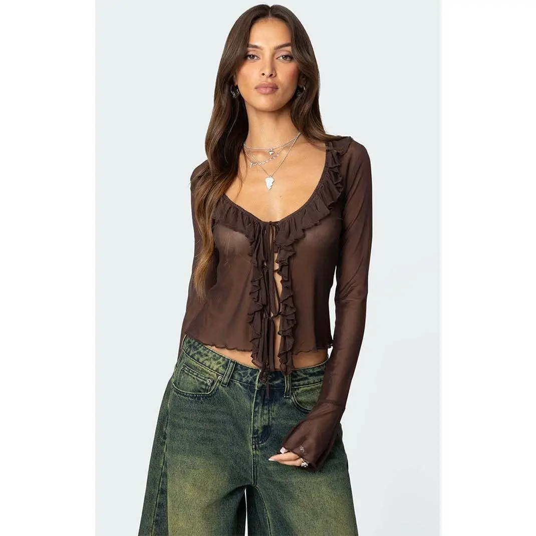 Edikted Women's Sheer Mesh Ruffled Top Edikted Women's Sheer Mesh Ruffled Top