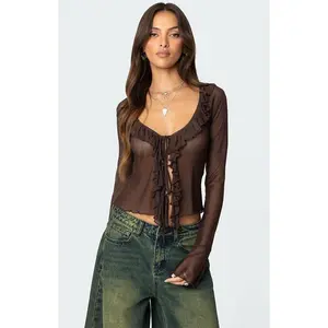 Edikted Women's Sheer Mesh Ruffled Top