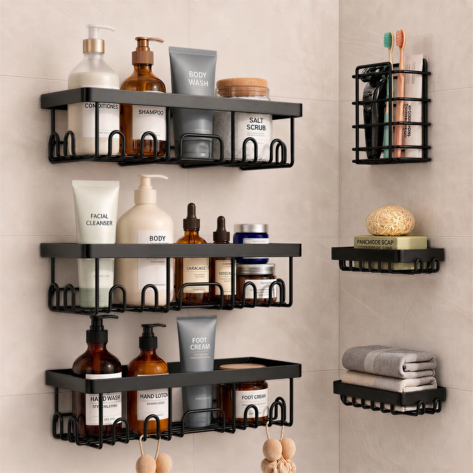Modern 6-Piece Compact Steel Shower Caddy Rack Set, Stick-On No-Drilling Bathroom Shelves with Soap Holder, Home Bathroom Storage Organizer Essentials Gadgets
