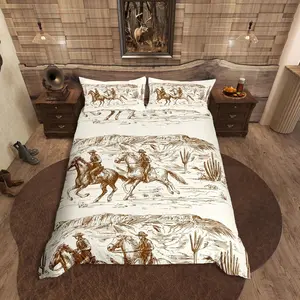 Western Duvet Cover,Cowboy American Wild West Desert Hand Drawn Illustration Comforter Cover,Country Theme Bedroom Decor Quilt Cover,No Comforter