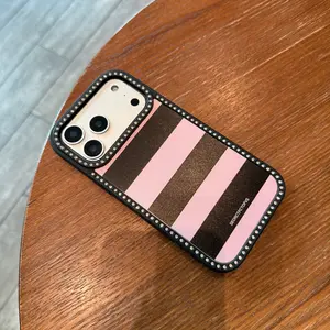 HTXB Pink And Black Striped Letters Pattern Double-Sided Diamond Transparent Mobile Phone Case Thin Light TPE Material For iPhone 17 Pro Air 16 15 14 13 12 11 Pro Max Plus Air 16e Christmas Valentine's Day Gifts