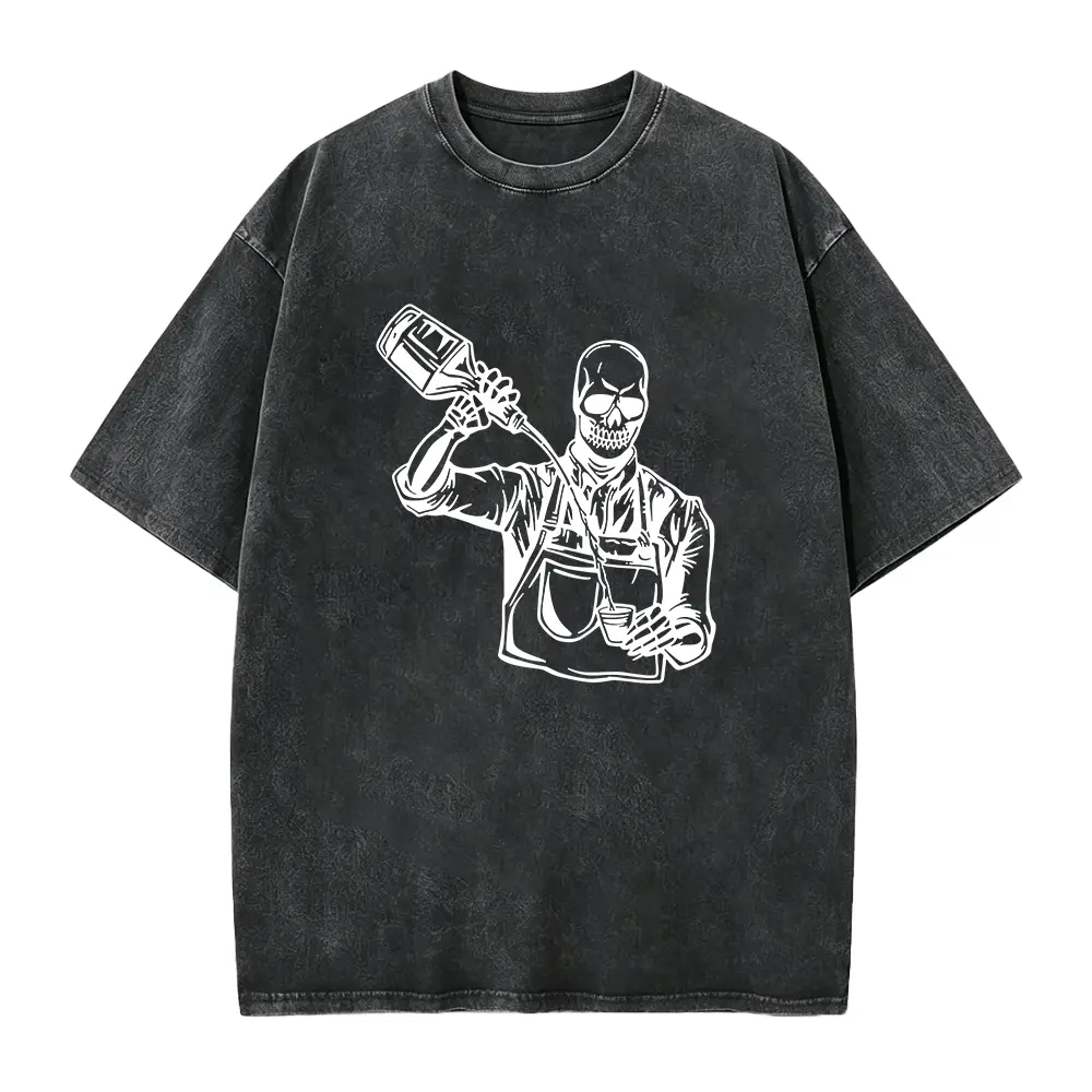 Skull Bartender Pouring Wine Graphic Tee, Vintage Black Line Art Streetwear Men Crew Neck Short Sleeve T-Shirt, Bar Lover Casual Summer Top