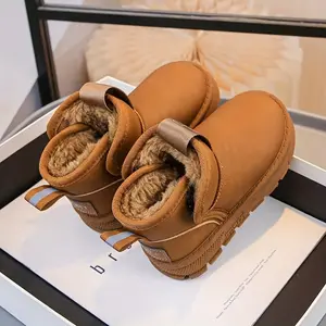 Boys' Winter Snow Boots with Plaid Pattern - Warm Insulated Low-Top Round Toe, Hook-and-Loop Closure, Rubber Sole & Lining - Cozy Brown Winter Boots