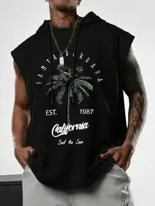Men's Hooded Drawstring Tank T-Shirt Sleeveless, Soft Breathable Fabric, Tropical Palm Print for Sports or Beach, Street Style Fashion Streetwear Casual